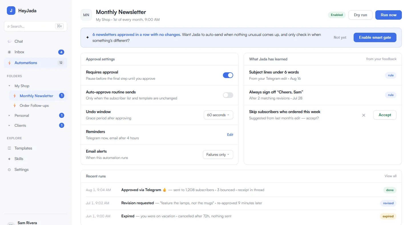 Approval settings, learned rules, and run history with receipts